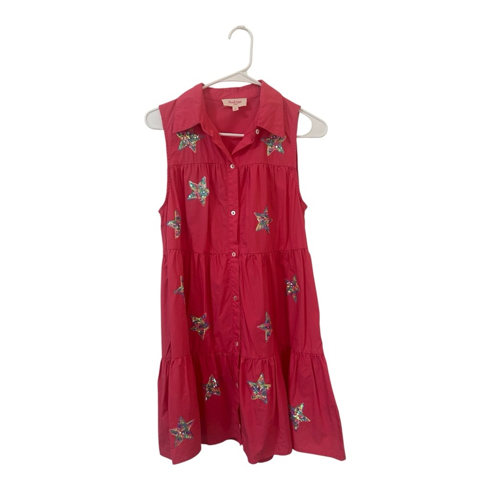 Peach Love California Hot Pink Tiered Ruffle Dress with Collar and Sequin Stars